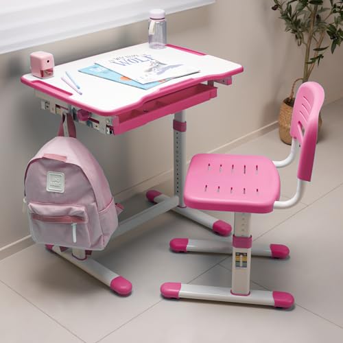 [en.casa] Kinderschreibtischset Sala Schülerschreibtisch 2-TLG. Jugendschreibtisch höhenverstellbar Kindertisch mit Stuhl neigbare Tischplatte Lerntisch mit Schublade Pink von [en.casa]