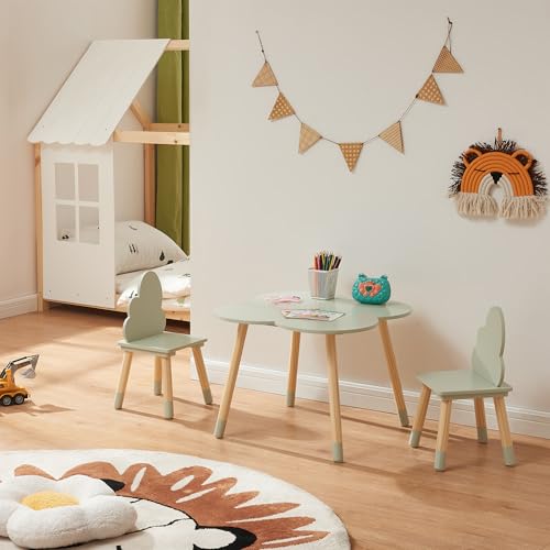 [en.casa] Kindertisch mit 2 Stühlen Epim Kinderstühle mit Rückenlehne Kindersitzgruppe Kindermöbel Wolkendesign Spieltisch Maltisch Holz Mintgrün von [en.casa]