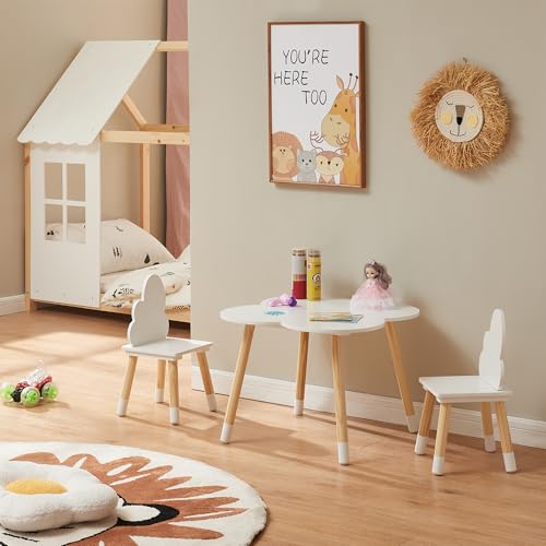 [en.casa] Kindertisch mit 2 Stühlen Epim Kinderstühle mit Rückenlehne Kindersitzgruppe Kindermöbel Wolkendesign Spieltisch Maltisch Holz Weiß von [en.casa]