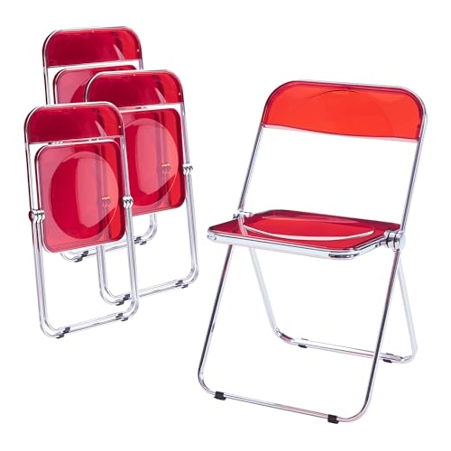 [en.casa] Klappstuhl Pornainen 4er Set Stuhl klappbar Esszimmerstühle 74 x 46 x 47 cm Schreibtischstuhl Belastbarkeit 120 kg Küchenstühle Metallgestell Rot, transparent von [en.casa]