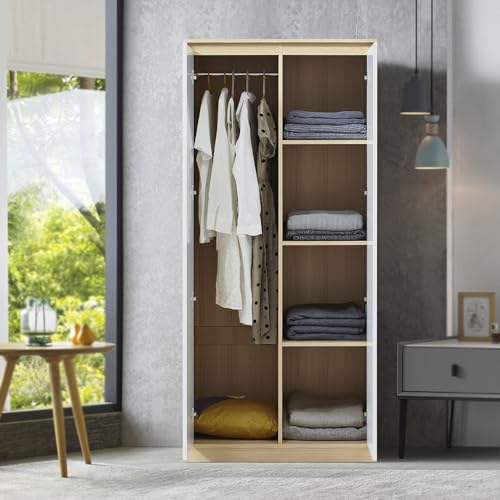 [en.casa] Kleiderschrank Bastheim 2-türig 176 x 80 x 52 cm MDF Garderobenschrank mit 1 Kleiderstange und 4 Fächern Eiche-Optik/Weiß von [en.casa]