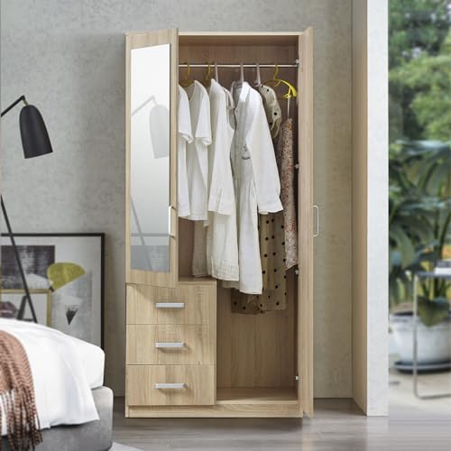 [en.casa] Kleiderschrank Bodolz Schrank mit 2 Türen Garderobenschrank mit Spiegel 176 x 80 x 52 cm Schlafzimmerschrank 1 Kleiderstange 3 Schubladen Sonoma-Eiche von [en.casa]