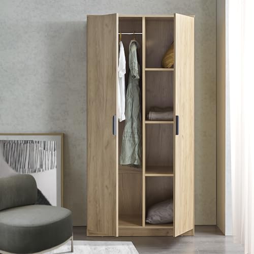 [en.casa] Kleiderschrank Eiselfing 2-türig 176 x 80 x 52 cm MDF Garderobenschrank mit 1 Kleiderstange und 4 Fächern Eiche-Optik von [en.casa]