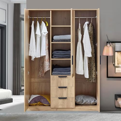 [en.casa] Kleiderschrank Eiselfing Schrank mit 3 Türen Garderobenschrank 176 x 120 x 52 cm Schlafzimmerschrank 2 Kleiderstangen 4 Fächer 3 Schubladen Eicheoptik von [en.casa]