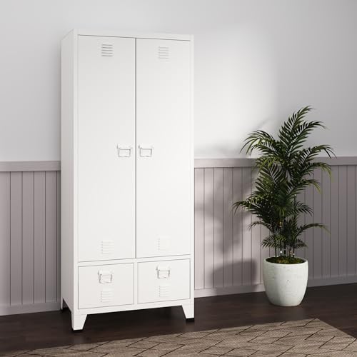 [en.casa] Kleiderschrank Hankasalmi mit 2 Schubladen 2-türig mit Kleiderstange Schlafzimmerschrank Metall Weiß Garderobenschrank mit 2 Ablagen 180 x 90 x 40 cm von [en.casa]
