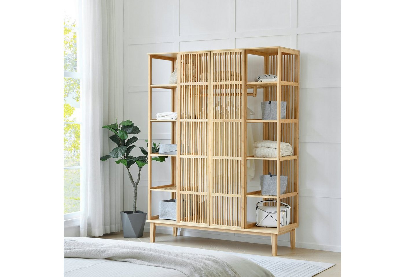 en.casa Kleiderschrank »Hudiksvall« mit 10 Staufächern, 2 großen Ablagen185x140x45cm Natur von en.casa