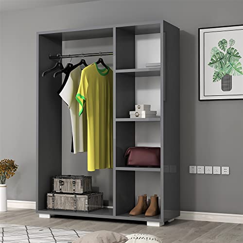[en.casa] Kleiderschrank Nesbyen offener Garderobenschrank mit Kleiderstange und 4 Ablagen Anthrazit Kleiderständer für Jacken Schuhablage 126 x 90 x 30 cm von [en.casa]