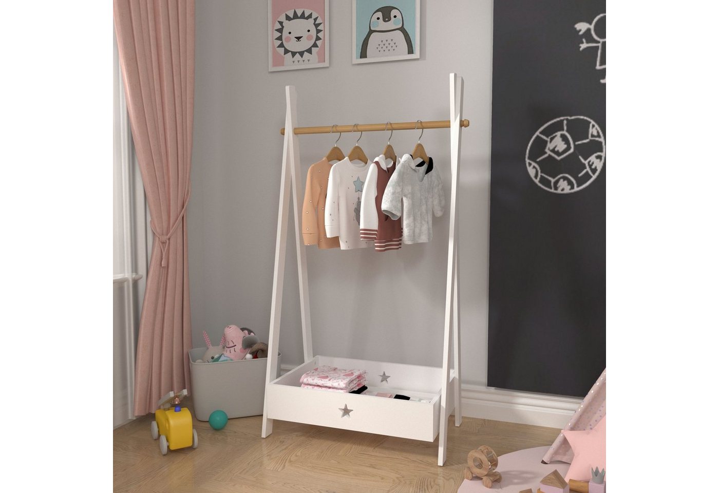 en.casa Kleiderständer, »Laxe« Kinder-Garderobe 126 x 73 x 43 cm Garderobenständer für Kinder Weiß/Natur von en.casa