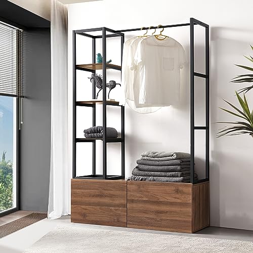 [en.casa] Kleiderständer Egmating mit Kleiderstange Garderobenständer MDF offener Kleiderschrank mit 4 Fächern und 2 Schubladen 180 x 120 x 40 cm Walnuss-Optik von [en.casa]