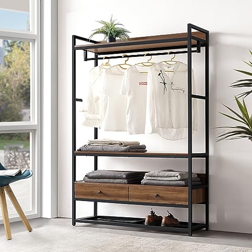 [en.casa] Kleiderständer Isen mit Kleiderstange Garderobenständer MDF offener Kleiderschrank mit 4 Ablagen und 2 Schubladen 180 x 120 x 40 cm Walnuss-Optik von [en.casa]