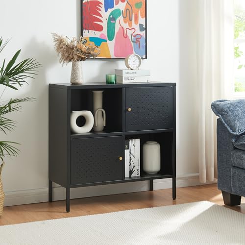 [en.casa] Kommode Janakkala Sideboard mit 2 Schranktüren 80 x 35 x 80 cm Wohnzimmerschrank Schwarz Buffetschrank Metall TV Schrank von [en.casa]
