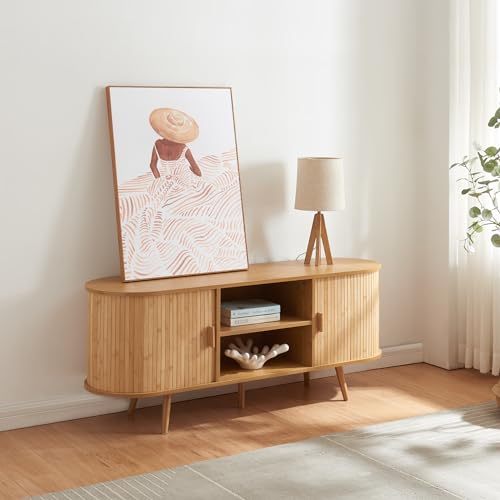 [en.casa] Kommode Nordkapp Sideboard mit 2 Schiebetüren Bambus Kommodenschrank mit Stauraum Wohnzimmerschrank Holzfüße 140 x 40 x 56 cm von [en.casa]
