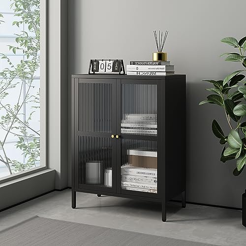 [en.casa] Kommode Säkylä Sideboard Schrank Mehrzweckschrank mit Glastüren Vitrinenschrank Wohnzimmer Metallschrank Schwarz von [en.casa]