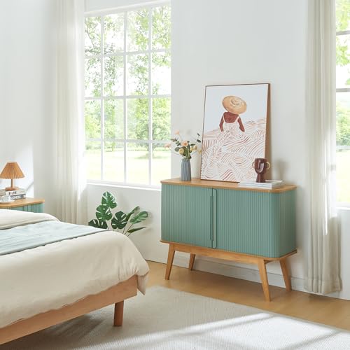 [en.casa] Kommode Tysvær Sideboard mit 2 Schiebetüren Blau Mehrzweckschrank 110 x 40 x 80 cm Wohnzimmerschrank Bambus Buffetschrank von [en.casa]