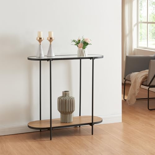 [en.casa] Konsolentisch Høyanger Beistelltisch Flurtisch Standregal Ablagetisch mit Glasplatte schmaler Einganstisch 80x80x30cm Schwarz/Eiche von [en.casa]