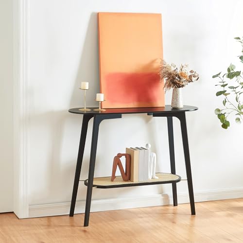 [en.casa] Konsolentisch Taivalkoski Beistelltisch schmal Bambus Wohnzimmertisch mit Stauraum 100 x 35 x 80 cm Flurtisch mit unterer Ablage Schwarz/Rattanoptik von [en.casa]