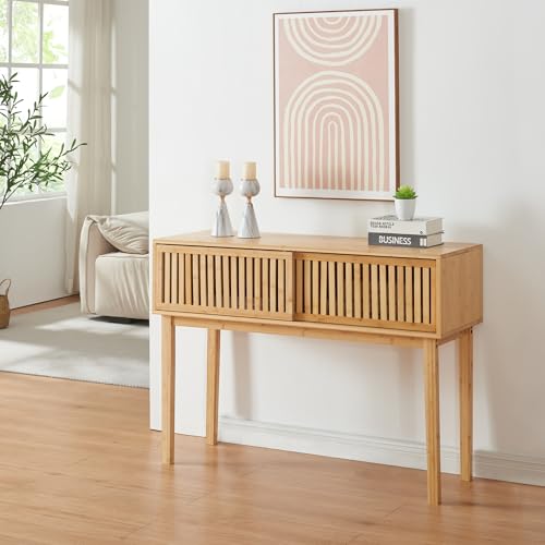 [en.casa] Konsolentisch Ypäjä Konsole mit 2 Schiebetüren Flurtisch Bambus Ablagetisch Beistelltisch mit Stauraum 110 x 39 x 81 cm Wohnzimmertisch Naturfarben von [en.casa]