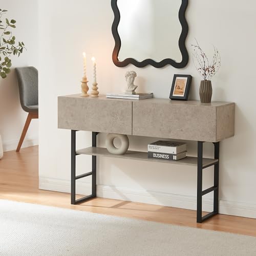 [en.casa] Konsolentisch schmal Varberg Flurtisch mit 2 Schubladen rechteckig Ablagetisch verstellbare Ablage Metallgestell 75 x 120 x 30 cm Betonoptik, hell von [en.casa]