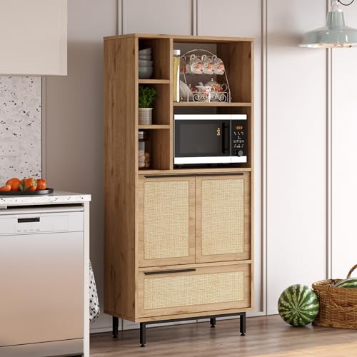 [en.casa] Küchenschrank Kvænangen Mehrzweckschrank mit 3 Türen 162 x 75 x 36 cm Buffetschrank Vorratsschrank Eichenoptik/Rattanoptik von [en.casa]