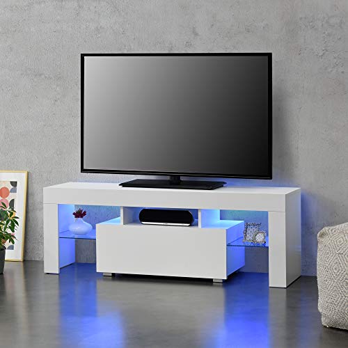 [en.casa] LED-Fernsehtisch 130 x 35 x 45 cm TV Lowboard mit Schublade Glasablage Spanplatte Weiß von [en.casa]