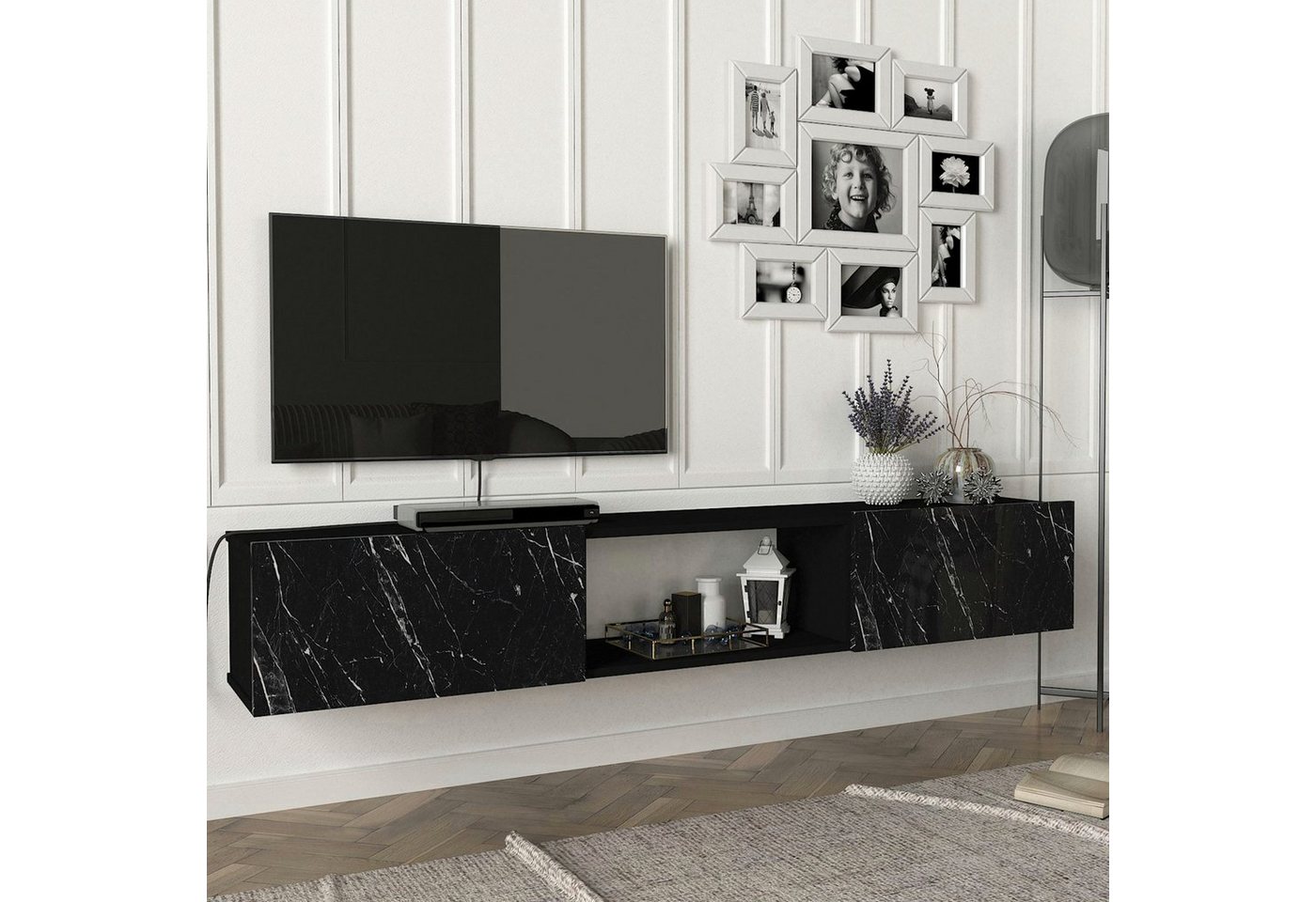 en.casa Lowboard, »Paltamo« Fernsehschrank 180x31x29,5cm Marmor, schwarz, 5cm Marmor, schwarz von en.casa