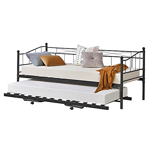 [en.casa] Metall Tagesbett Skutskär 90x200cm Bettsofa mit ausziehbarer Liege Schlafsofa Kojenbett Schwarz von [en.casa]