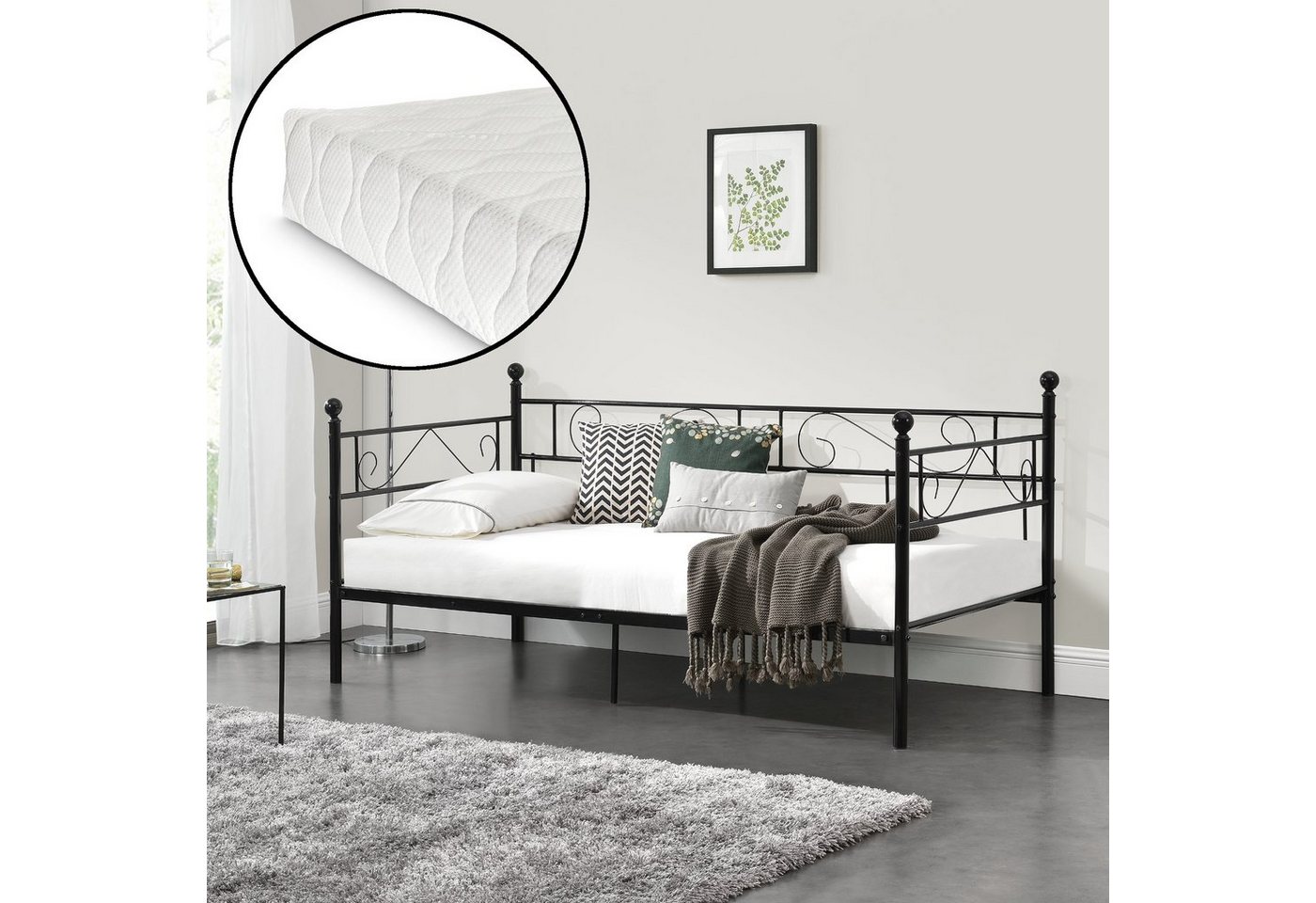 en.casa Metallbett, »Granada« Tagesbett mit Kaltschaummatratze 90 x 200 cm Schwarz von en.casa