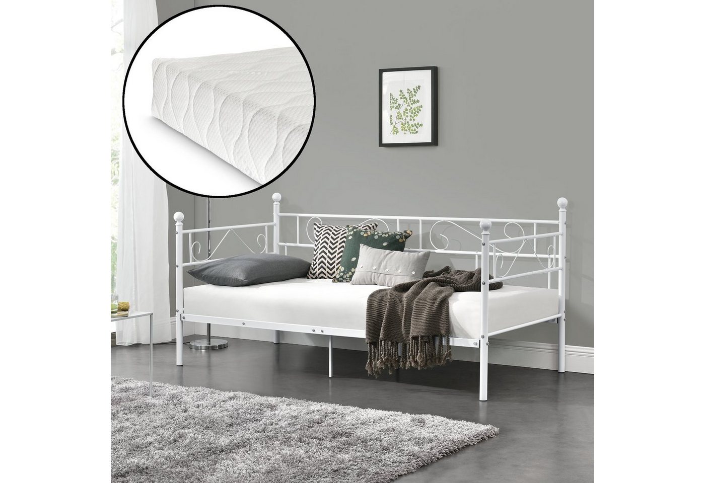 en.casa Metallbett, »Granada« Tagesbett mit Kaltschaummatratze 90x200cm Weiß von en.casa