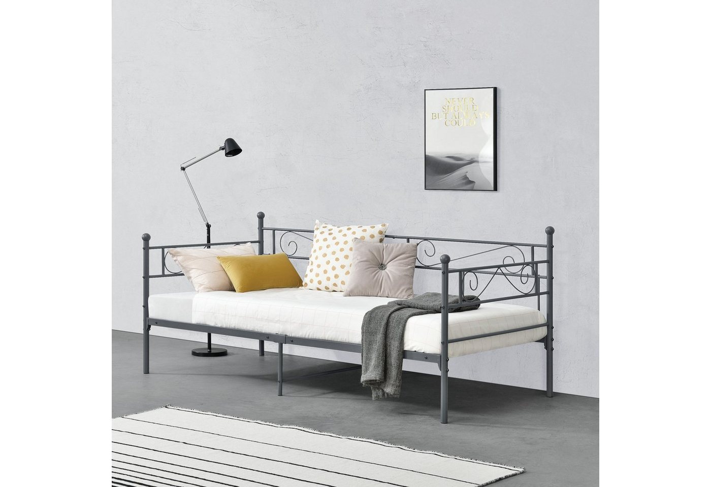 en.casa Metallbett, »Kerava« Bettsofa mit Lattenrost Tagesbett 90x200cm Stahl Dunkelgrau von en.casa