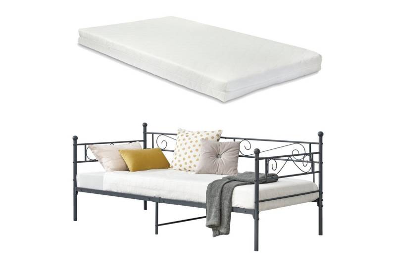 en.casa Metallbett, »Kerava« Einzelbett 90x200 cm mit Kaltschaummatratze Dunkelgrau von en.casa