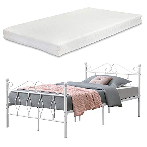 [en.casa] Metallbett Apolda 120x200 cm Jugendbett mit Matratze und Lattenrost Einzelbett mit Kaltschaummatratze bis 300kg Weiß von [en.casa]