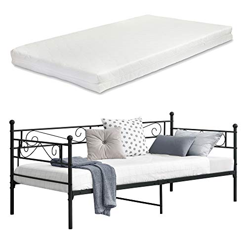 [en.casa] Metallbett Kerava 90x200 cm mit Kaltschaummatratze Tagesbett mit Kopf- und Fußteil Bettsofa Kojenbett Jugendbett Gästebett Schwarz von [en.casa]