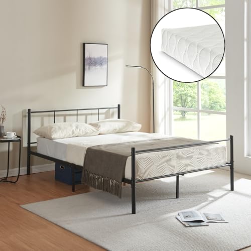 [en.casa] Metallbett mit Matratze Laos Stahlbett Gästebett Schlafzimmerbett Stahlramen mit Kaltschaummatratze 140x200 cm Schwarz von [en.casa]