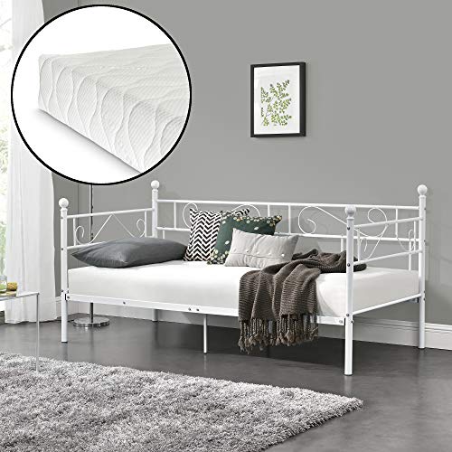 [en.casa] Metallbett mit Matratze 90x200 Metall-Tagesbett mit Lattenrost Öko-Tex Standard 100 Atmungsaktiv Kojenbett Bett Schlafzimmerbett Weiß von [en.casa]