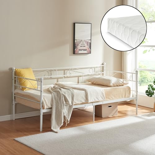 [en.casa] Metallbett mit Matratze 90x200 Metall-Tagesbett mit Lattenrost Öko-Tex Standard 100 Atmungsaktiv Kojenbett Bett Schlafzimmerbett Weiß von [en.casa]