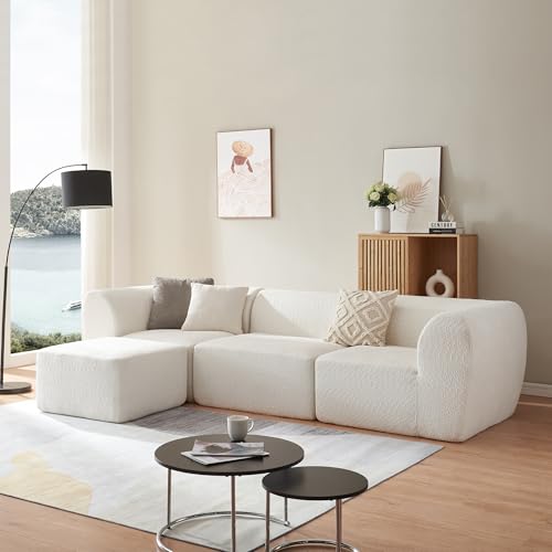 [en.casa] Modular Sofa 3-Sitzer Hurvas mit Longchair Wohnzimmer Couch Bouclé Polstersofa 2 x Eckelement mit Armlehne 1 x Mittelelement 1 x Hocker Relaxsofa 76 x 313 x 181 cm Cremeweiß von [en.casa]