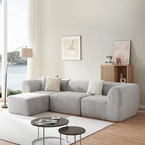 [en.casa] Modular Sofa 3-Sitzer Hurvas mit Longchair Wohnzimmer Couch Bouclé Polstersofa 2 x Eckelement mit Armlehne 1 x Mittelelement 1 x Hocker Relaxsofa 76 x 313 x 181 cm Grau von [en.casa]