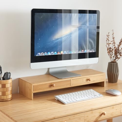 [en.casa] Monitorständer Hallstahammar Monitorerhöhung mit 2 Schubladen 56 x 18 x 9,5 cm Bambus Bildschirmerhöhung Monitor Schreibtisch Aufsatz von [en.casa]