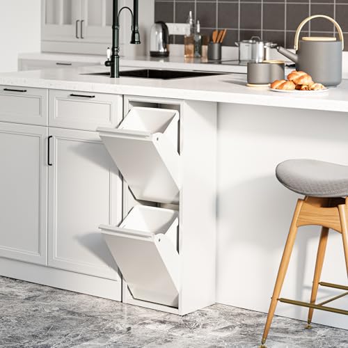 [en.casa] Mülltrennsystem Sollentuna Mülleimer 2 Fächer Küche 2 x 14 L Abfalleimer Müllschrank schmal 93 x 33 x 25 cm Metall Weiß von [en.casa]