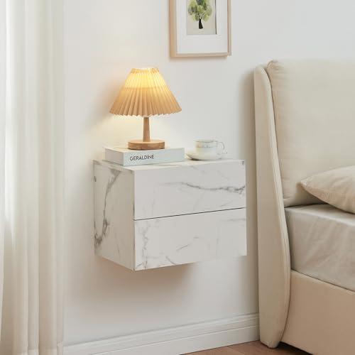 [en.casa] Nachtschrank Ampfing Nachttisch hängend Marmoroptik, weiß Nachtkästchen mit 2 Schubladen Wandkonsole Hängeschrank Schweberegal 40 x 29 x 30 cm von [en.casa]