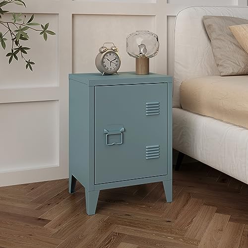 [en.casa] Nachttisch Inari Nachtschrank Graublau Nachtkästchen mit Einer Schranktür Sofatisch Türgriff Links Metall Nachtkommode 57 x 40 x 30 cm Büroschrank von [en.casa]
