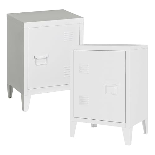 [en.casa] Nachttisch Inari Nachtschrank 2er Set Weiß Nachtkästchen mit Einer Schranktür Sofatisch Türgriff rechts und Links Metall Nachtkommode 57 x 40 x 30 cm Büroschrank von [en.casa]