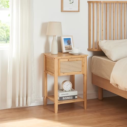 [en.casa] Nachttisch Leirfjord Beistelltisch mit Schublade und Ablagefach Nachtkommode Nachtschrank Wohnzimmertisch 60 x 40 x 35 cm Sofatisch Nachtkonsole Nebentisch aus Bambus Natur von [en.casa]
