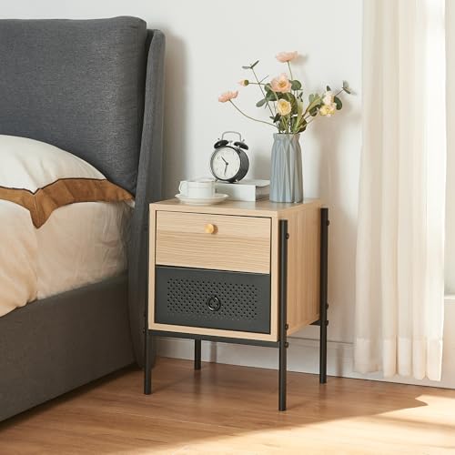 [en.casa] Nachttisch Tysnes Beistelltisch mit 2 Schubladen Nachtschrank Eichenoptik/Schwarz Nachtkästchen 39 x 35 x 47 cm Nachtkommode Metallgestell von [en.casa]