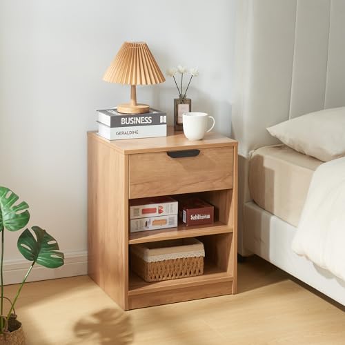 [en.casa] Nachttisch Varkaus Beistelltisch mit Schublade und 2 offenen Ablagefächern Nachtkommode Nachtschrank 55 x 43 x 40 cm Holz in Eichenoptik von [en.casa]