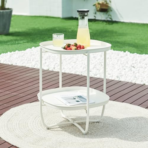 [en.casa] Outdoor Beistelltisch Sandefjord Tabletttisch Balkontisch mit 2 abnehmbaren Tabletts Weiß Gartentisch 57,5 x 46 x 46 cm rechteckig Indoor Metalltisch von [en.casa]