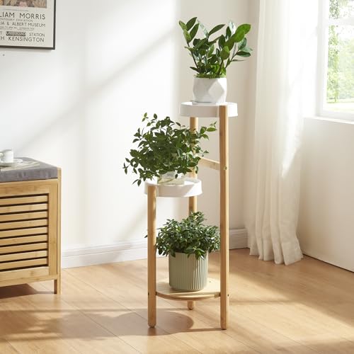 [en.casa] Pflanzenständer Sastamala Blumenregal Blumenständer Bambus mit 3 Ablagen rund Natur/Weiß Blumentreppe Pflanzenregal 78 x 32 x 32 cm von [en.casa]