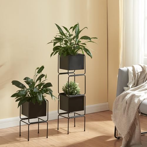 [en.casa] Pflanzenständer Sveio 2er Set Blumentopfständer Übertopfständer mit integriertem Übertopf Blumensäule Blumentofphalter in 2 Größen Blumenständer Blumenhocker Metall Schwarz von [en.casa]