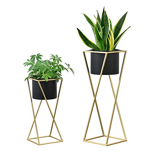 [en.casa] Pflanzständer im 2er Set Blumenständer aus Metall Blumentopf Ständer mit Übertopf Blumentopfhalter 2-TLG. Pflanztopf Deko Goldfarben-Schwarz Viereckig von [en.casa]