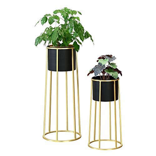 [en.casa] Pflanzständer im 2er Set Blumenständer aus Metall Blumentopf Ständer mit Übertopf Blumentopfhalter 2-TLG. Pflanztopf Deko Goldfarben-Schwarz runde Form von [en.casa]